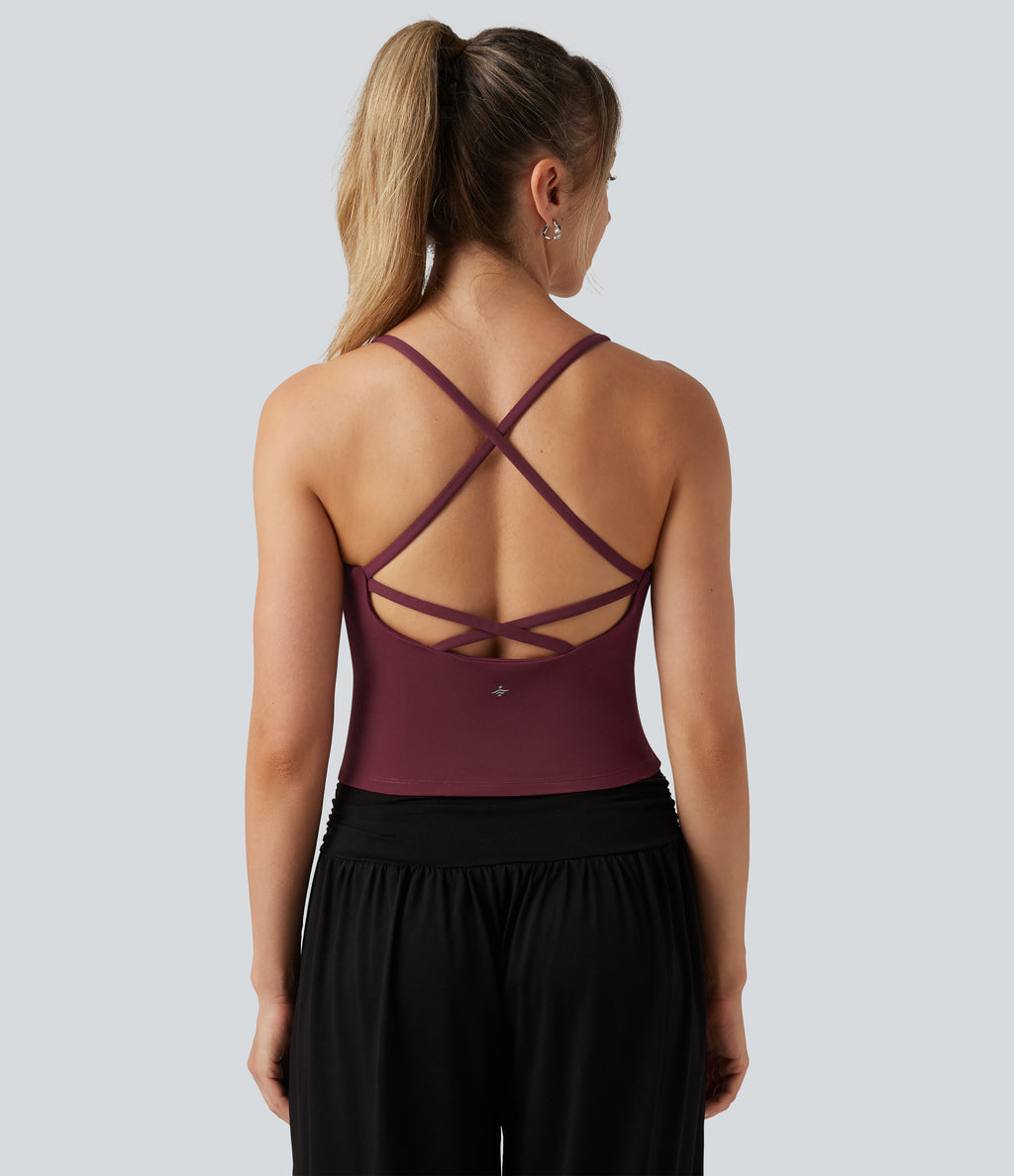 Airy V Neck Built-in Bra Crisscross InstantCool Yoga Tank Top — Zinfandel — view 5