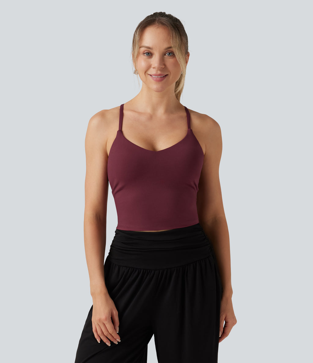 Airy V Neck Built-in Bra Crisscross InstantCool Yoga Tank Top — Zinfandel — view 4