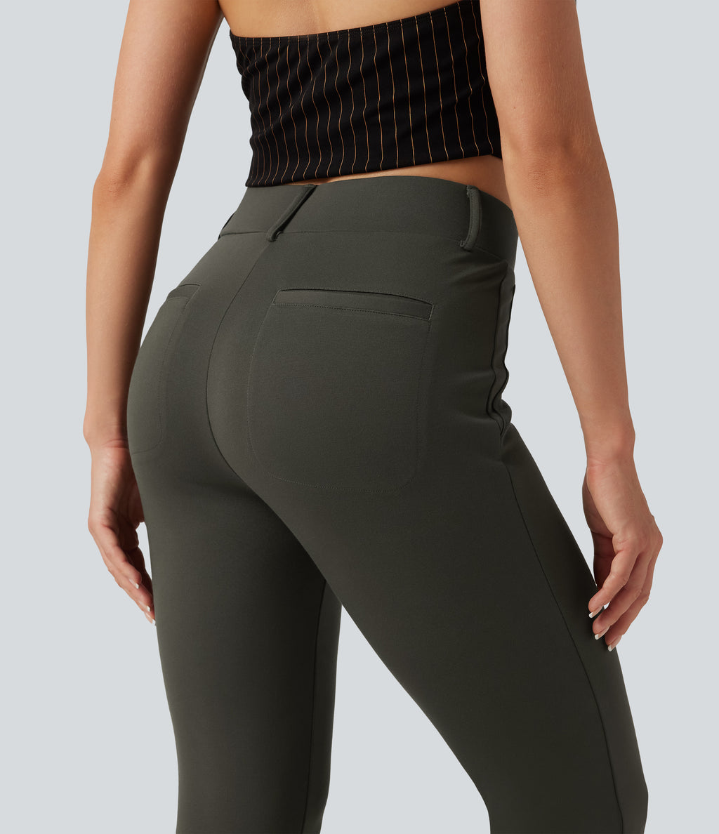 Mid Rise Bootcut Work Trousers with Pockets — Forest Night — view 6