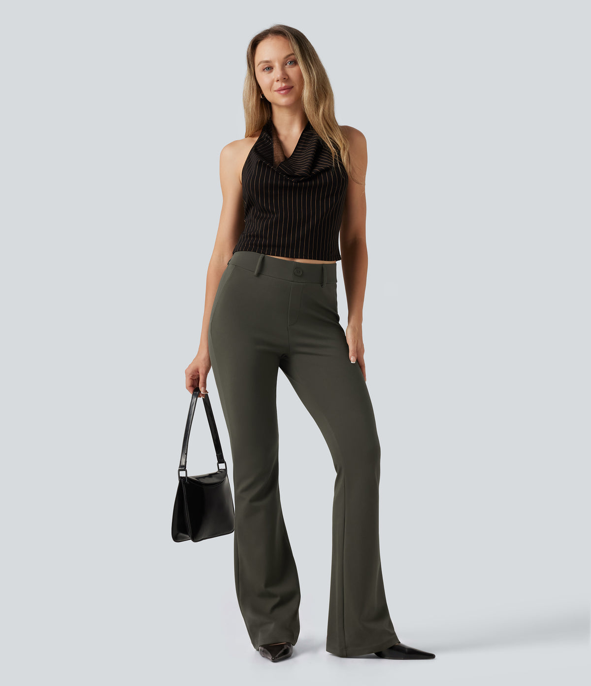 Mid Rise Bootcut Work Trousers with Pockets — Forest Night — view 8