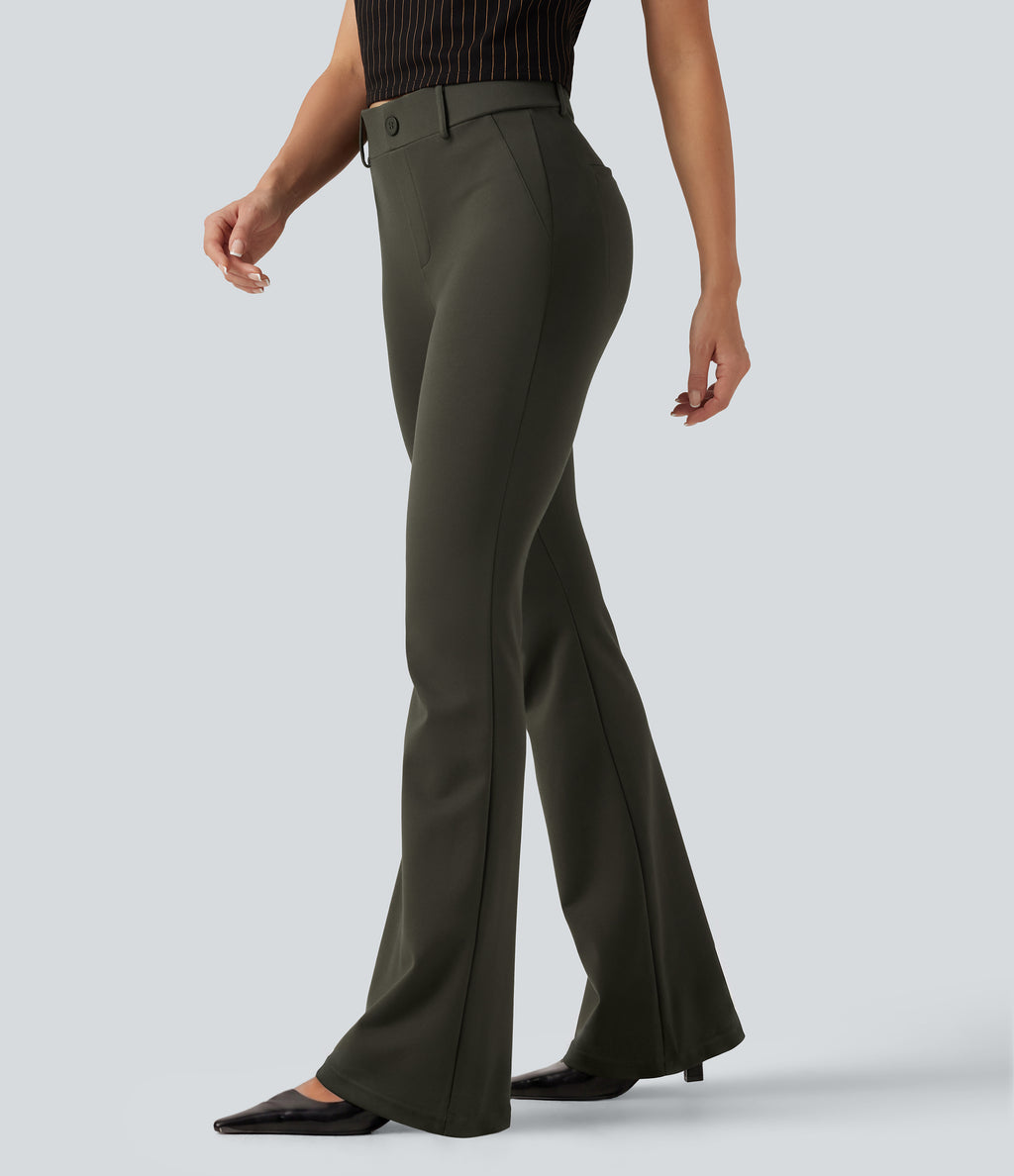 Mid Rise Bootcut Work Trousers with Pockets — Forest Night — view 3