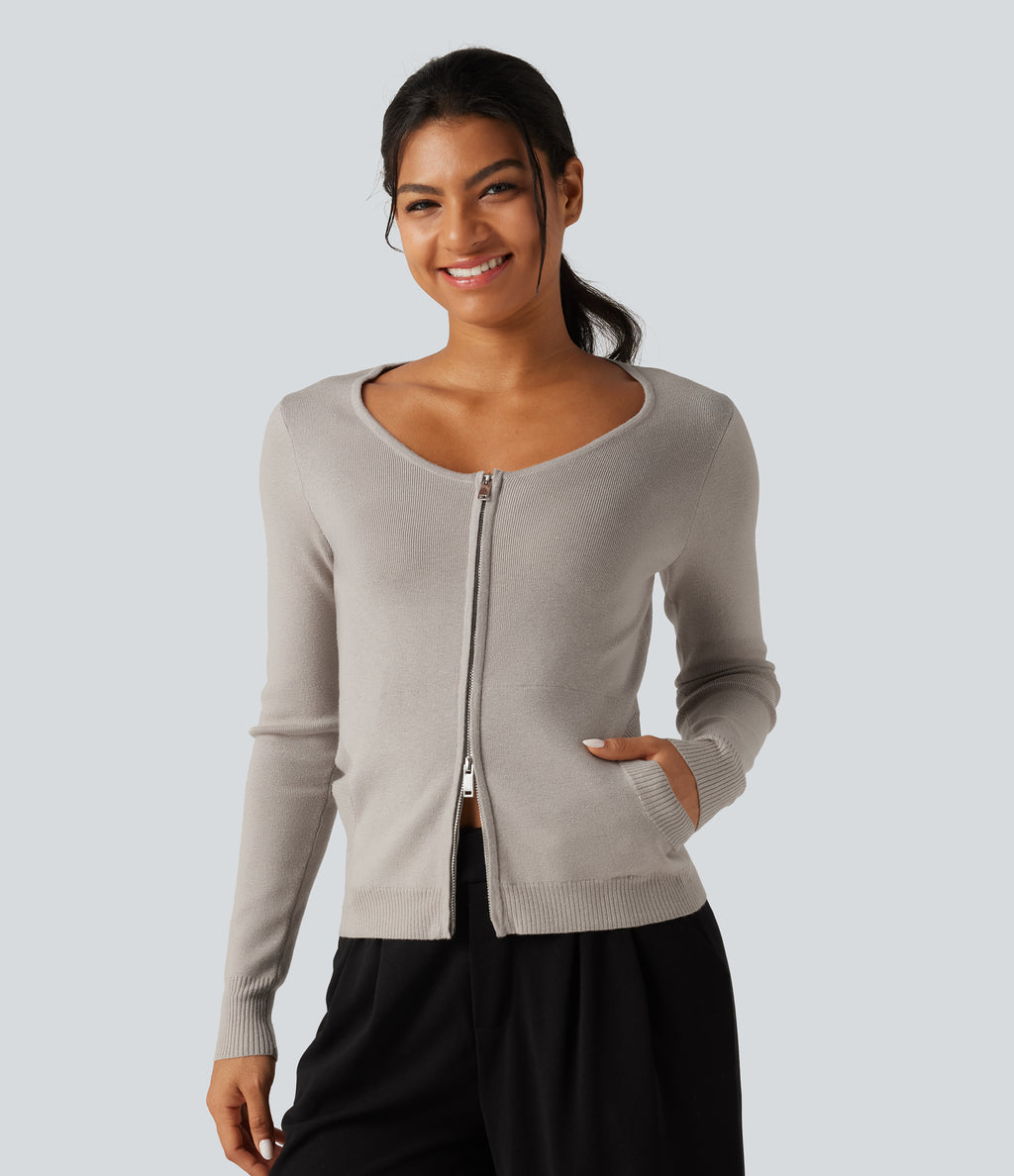 Round Neck Long Sleeve Slim Lounge Cardigan with Pockets — Sweatshirt Gray — view 1