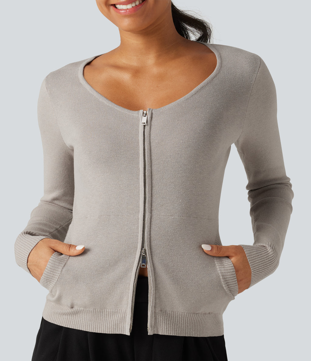Round Neck Long Sleeve Slim Lounge Cardigan with Pockets — Sweatshirt Gray — view 5