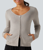 Round Neck Long Sleeve Slim Lounge Cardigan with Pockets — Sweatshirt Gray — view 5