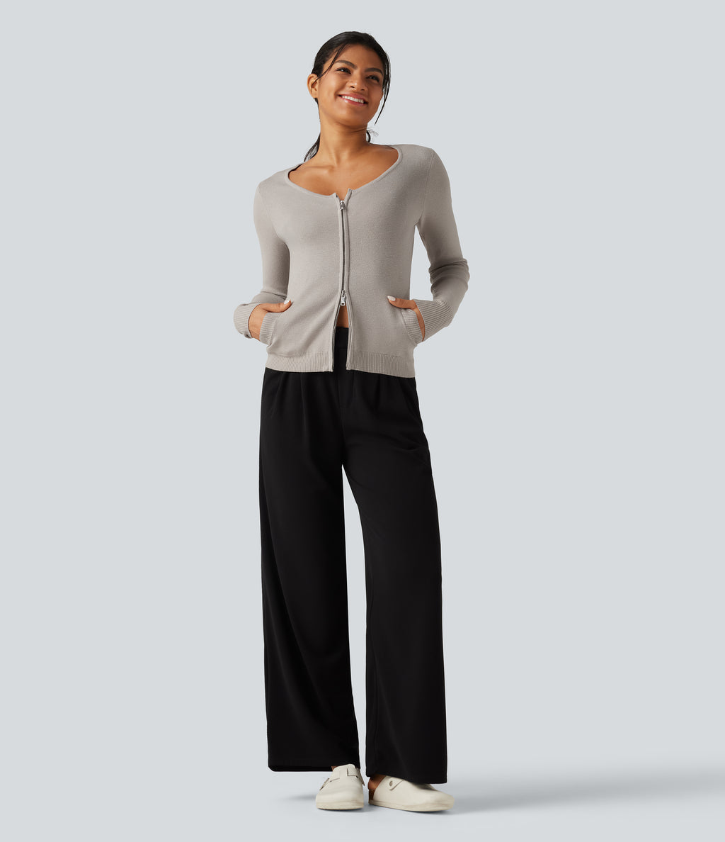 Round Neck Long Sleeve Slim Lounge Cardigan with Pockets — Sweatshirt Gray — view 7