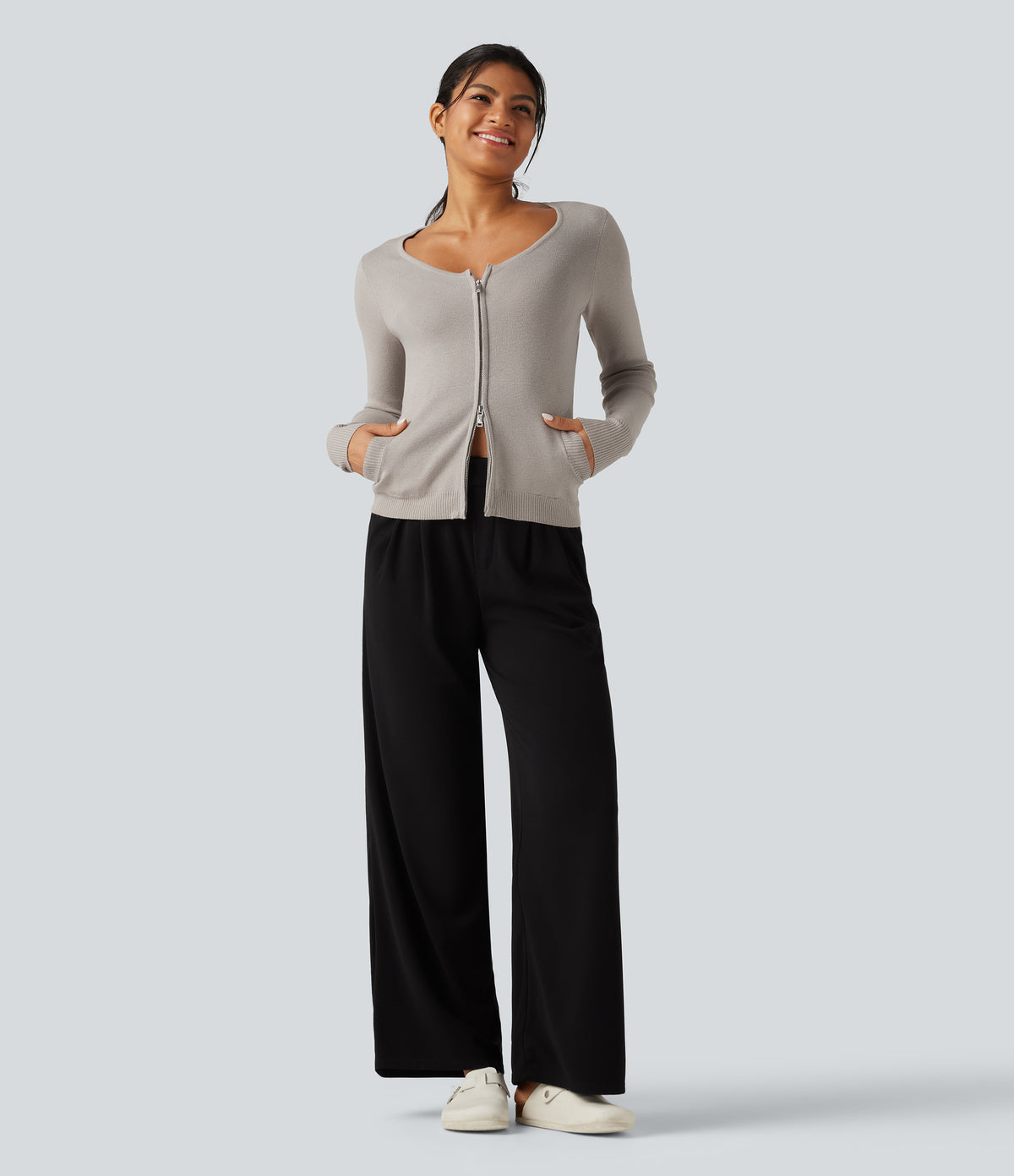 Round Neck Long Sleeve Slim Lounge Cardigan with Pockets — Sweatshirt Gray — view 7