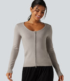 Round Neck Long Sleeve Slim Lounge Cardigan with Pockets — Sweatshirt Gray — view 4