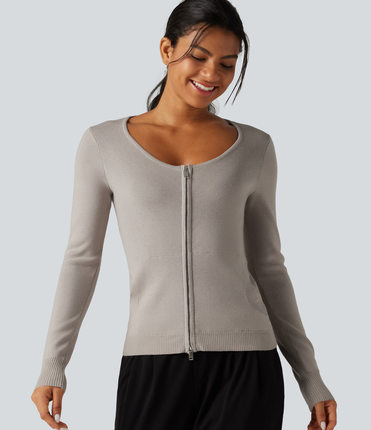 Round Neck Long Sleeve Slim Lounge Cardigan with Pockets — Sweatshirt Gray — view 4