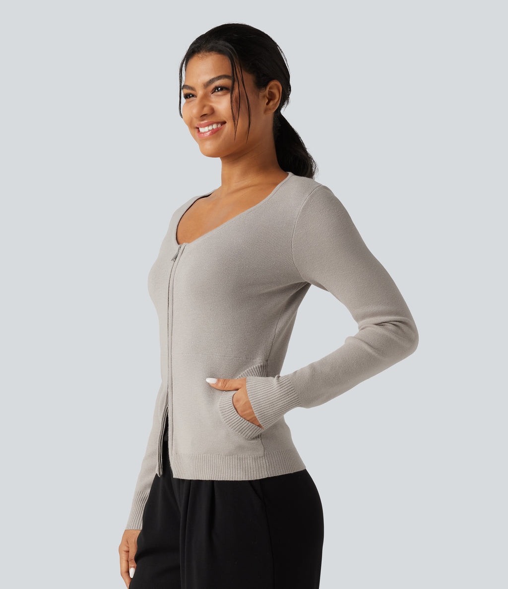 Round Neck Long Sleeve Slim Lounge Cardigan with Pockets — Sweatshirt Gray — view 3