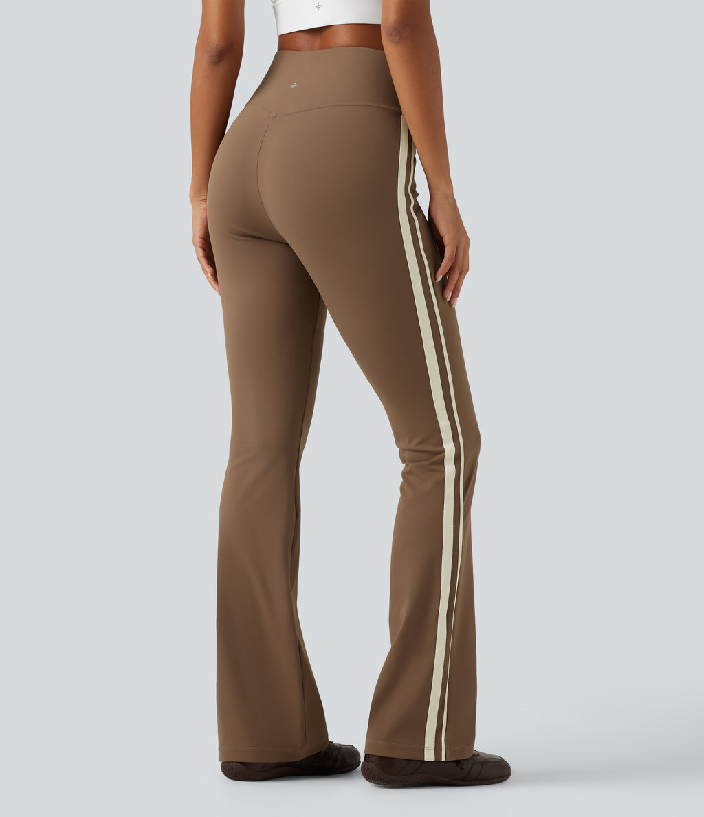 High Waisted Crossover Tummy Control Side Stripe Bootcut Casual Trousers with Pockets — Sepia — view 2