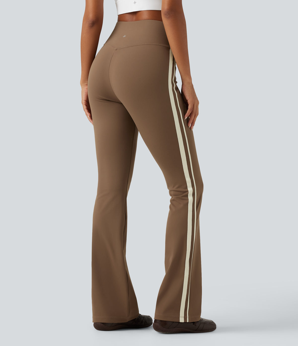 High Waisted Crossover Tummy Control Side Stripe Bootcut Casual Trousers with Pockets — Sepia — view 2