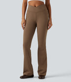 High Waisted Crossover Tummy Control Side Stripe Bootcut Casual Trousers with Pockets — Sepia — view 3