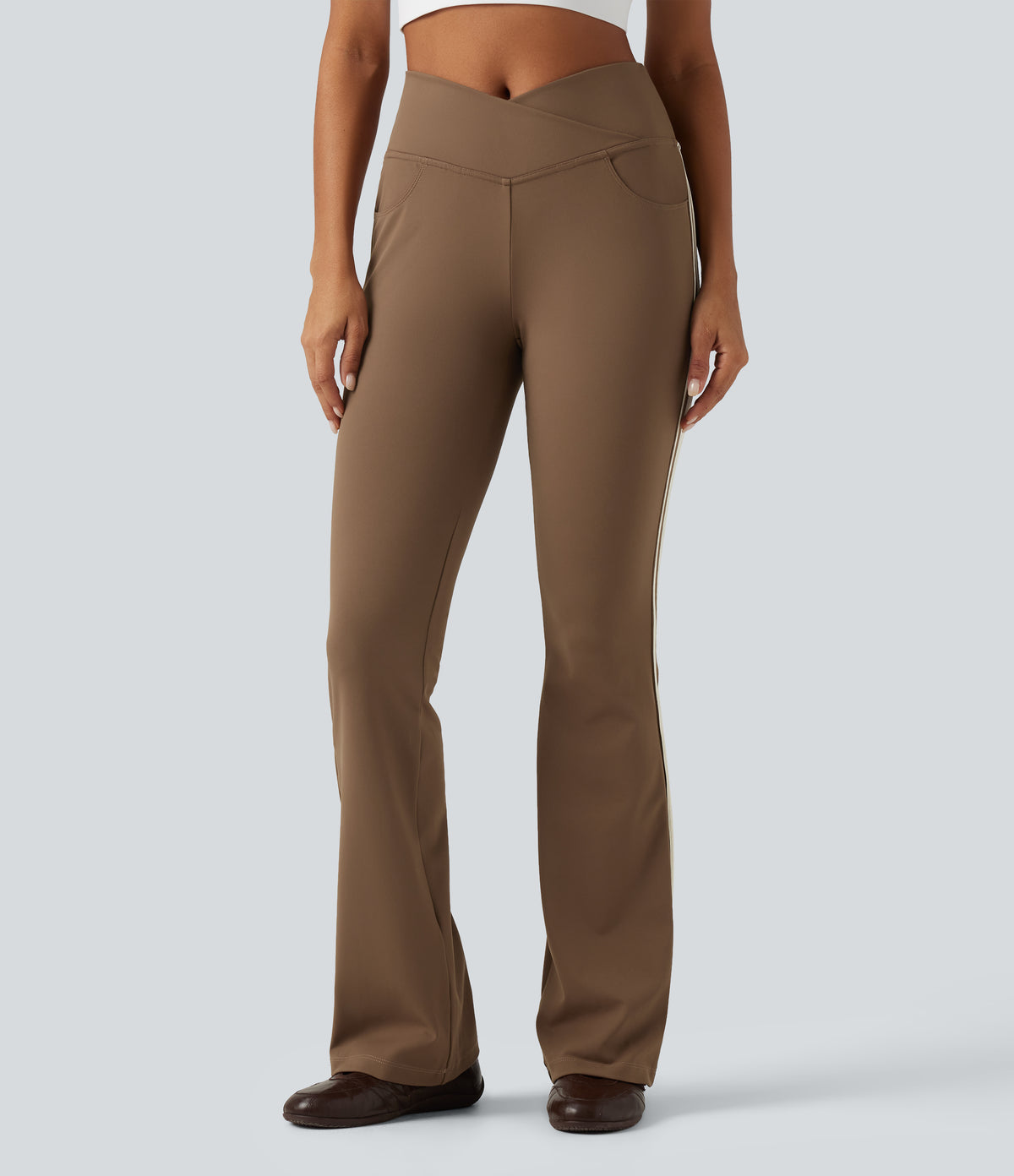 High Waisted Crossover Tummy Control Side Stripe Bootcut Casual Trousers with Pockets — Sepia — view 3
