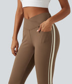 High Waisted Crossover Tummy Control Side Stripe Bootcut Casual Trousers with Pockets — Sepia — view 6