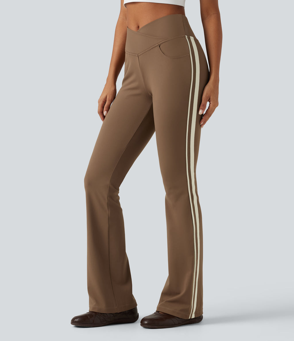 High Waisted Crossover Tummy Control Side Stripe Bootcut Casual Trousers with Pockets — Sepia — view 4