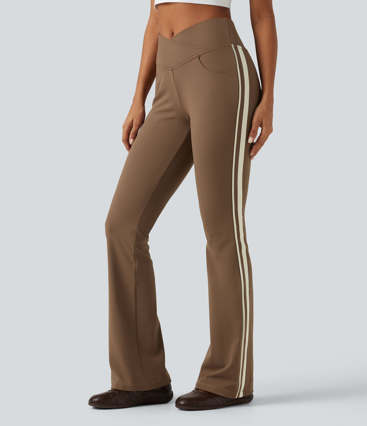High Waisted Crossover Tummy Control Side Stripe Bootcut Casual Trousers with Pockets — Sepia — view 4