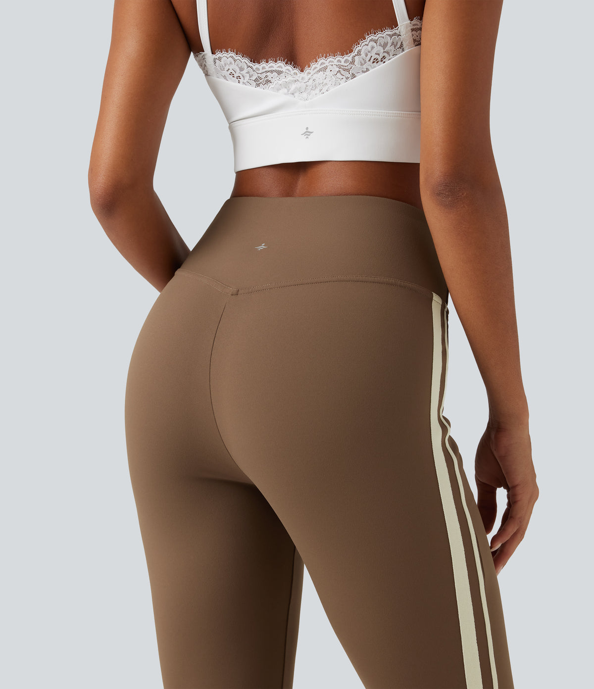 High Waisted Crossover Tummy Control Side Stripe Bootcut Casual Trousers with Pockets — Sepia — view 5