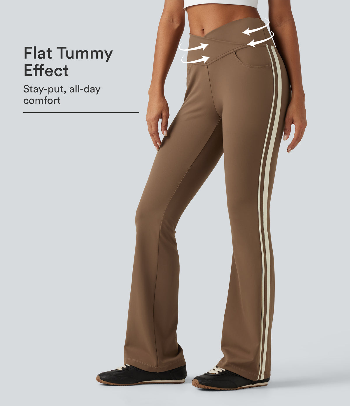 High Waisted Crossover Tummy Control Side Stripe Bootcut Casual Trousers with Pockets — Sepia — view 1