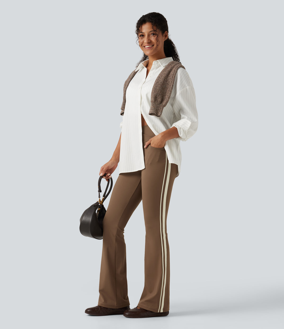 High Waisted Crossover Tummy Control Side Stripe Bootcut Casual Trousers with Pockets — Sepia — view 8
