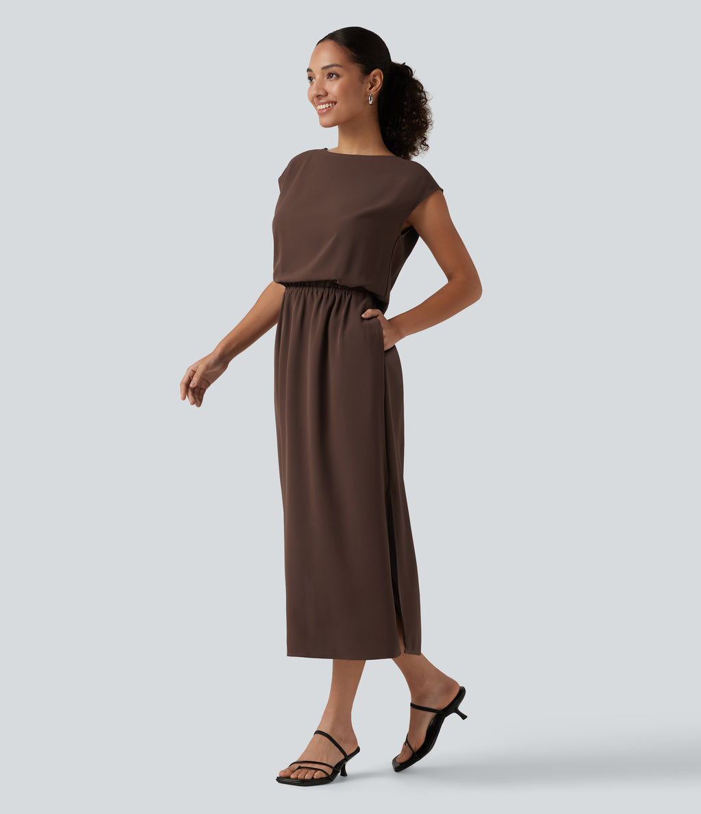 Boat Neck Cap Sleeve Midi Work Dress with Pockets — Brown Stone — view 3