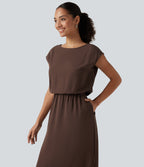 Boat Neck Cap Sleeve Midi Work Dress with Pockets — Brown Stone — view 4