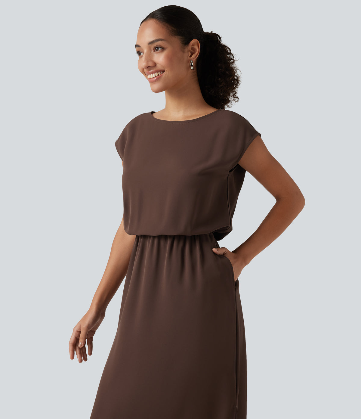 Boat Neck Cap Sleeve Midi Work Dress with Pockets — Brown Stone — view 4