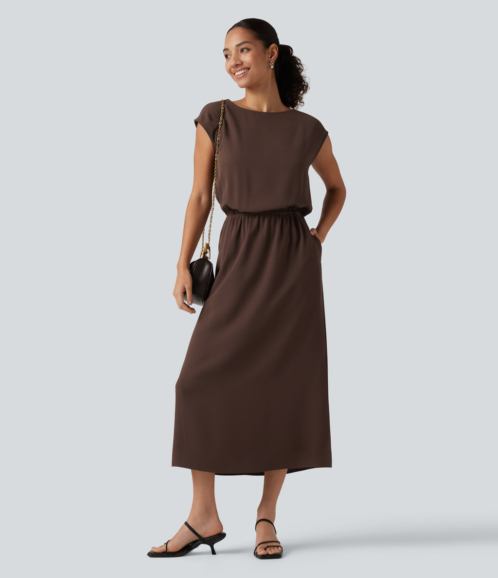 Boat Neck Cap Sleeve Midi Work Dress with Pockets — Brown Stone — view 7