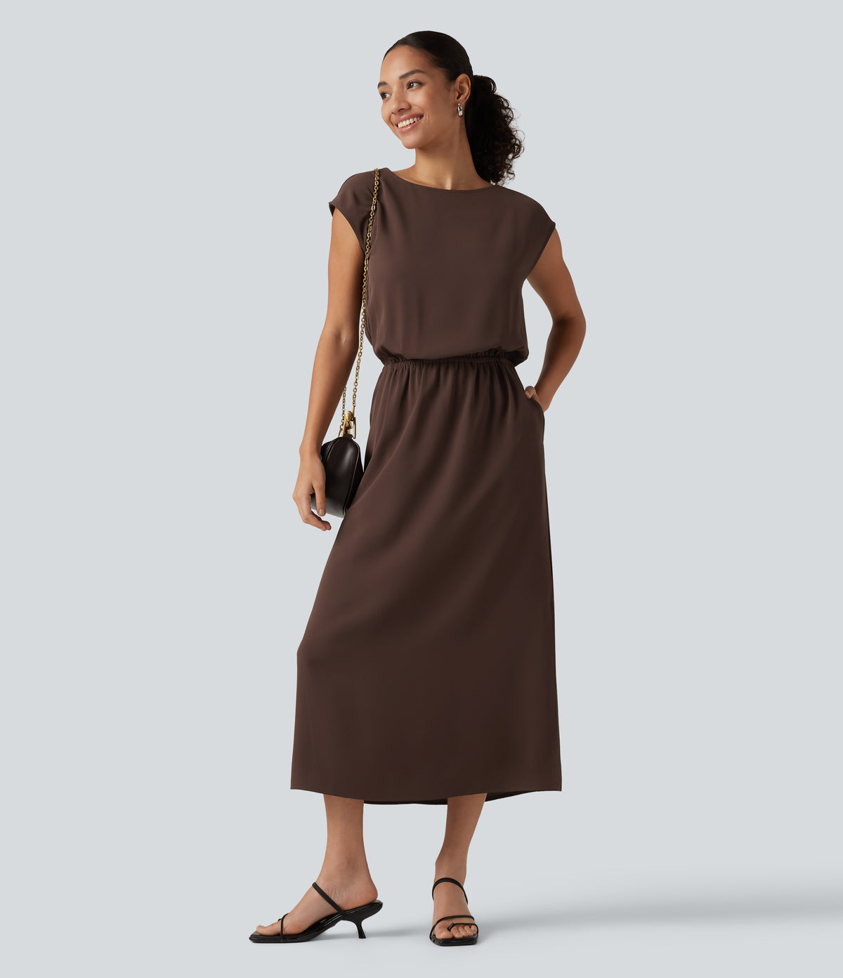 Boat Neck Cap Sleeve Midi Work Dress with Pockets — Brown Stone — view 7