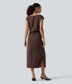 Boat Neck Cap Sleeve Midi Work Dress with Pockets — Brown Stone — view 2