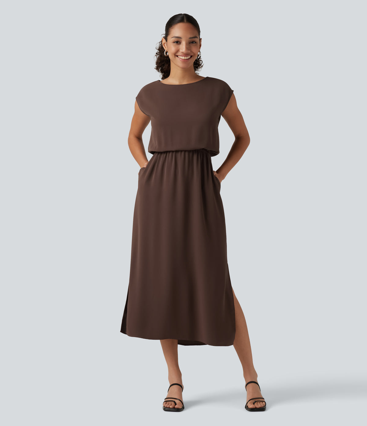 Boat Neck Cap Sleeve Midi Work Dress with Pockets — Brown Stone — view 1