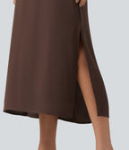 Boat Neck Cap Sleeve Midi Work Dress with Pockets — Brown Stone — view 6