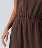 Boat Neck Cap Sleeve Midi Work Dress with Pockets — Brown Stone — view 5