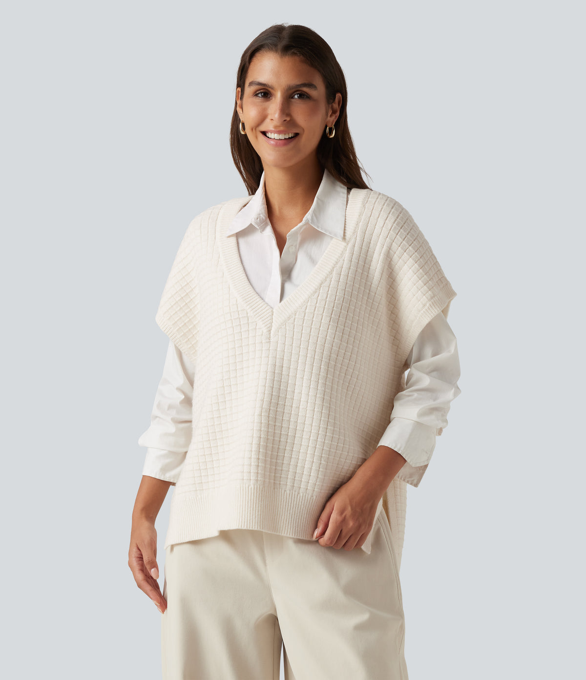 Deep V Neck Casual Sweater Vest — White Down — view 4