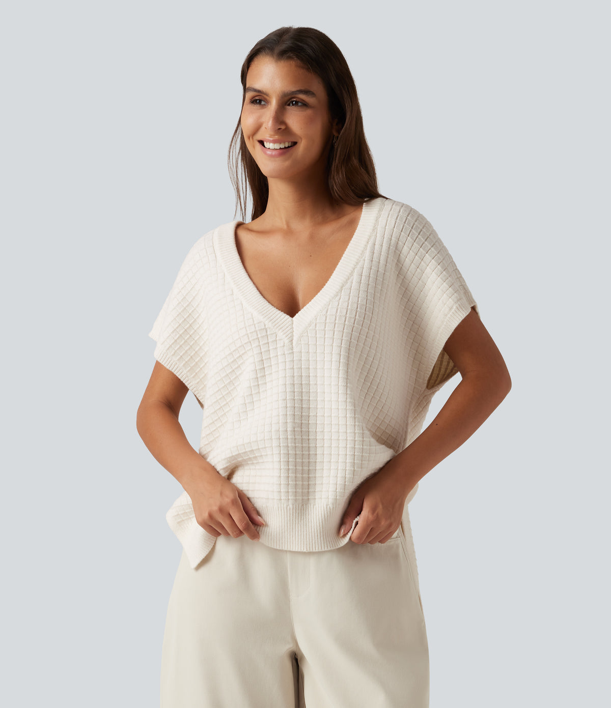 Deep V Neck Casual Sweater Vest — White Down — view 1
