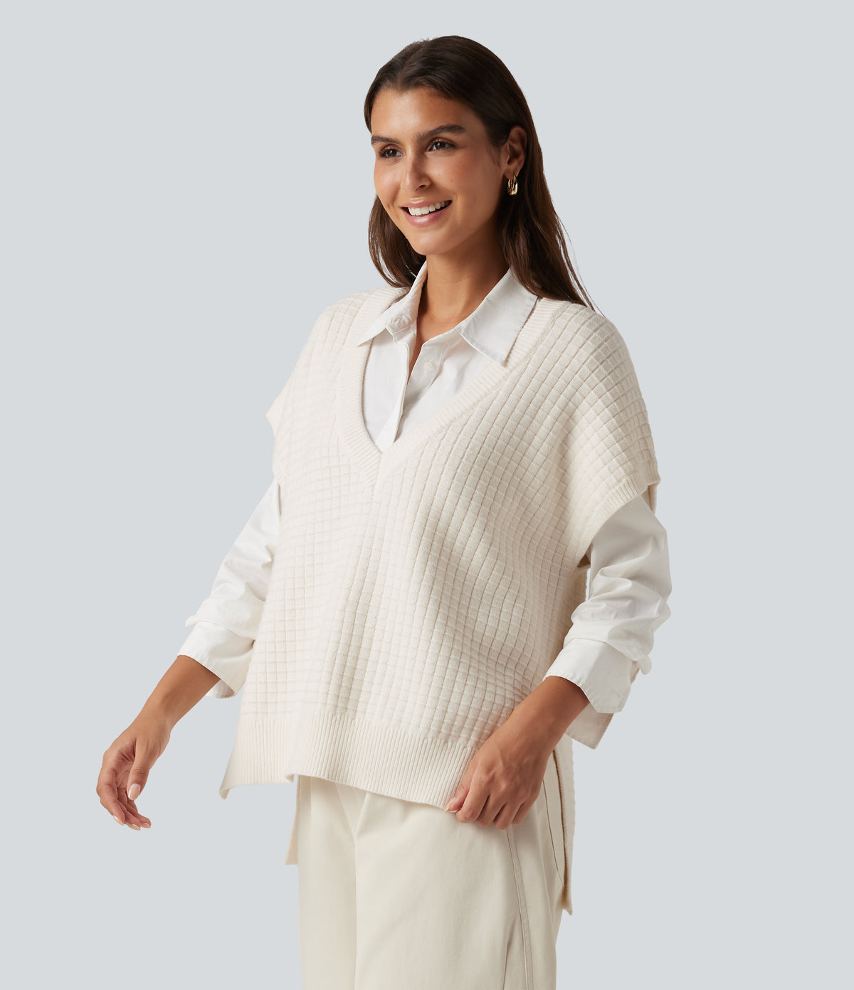 Deep V Neck Casual Sweater Vest — White Down — view 3