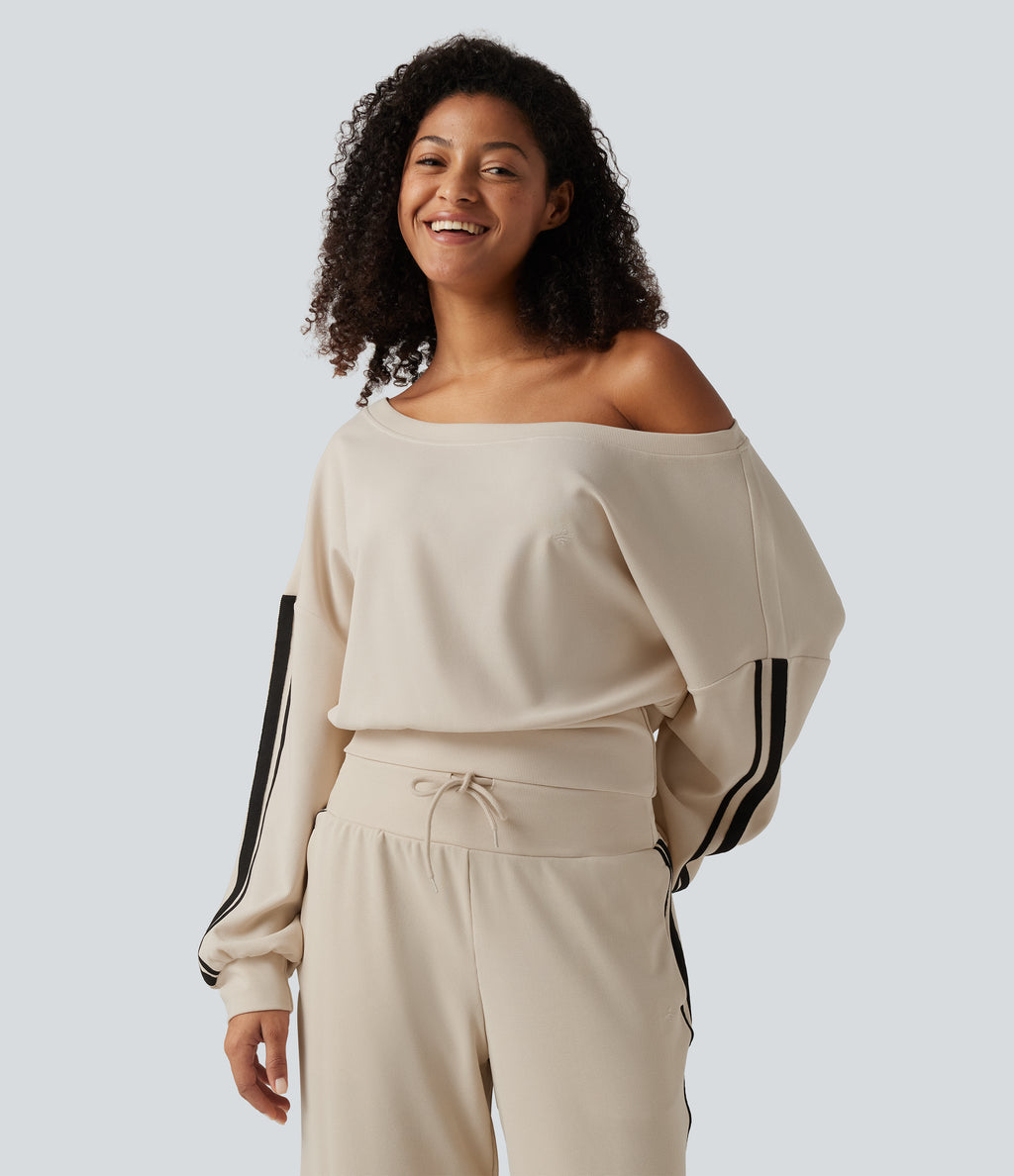 Boat Neck Long Sleeve Side Stripe Waffle Casual Top — Oat Milk — view 3
