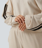 Boat Neck Long Sleeve Side Stripe Waffle Casual Top — Oat Milk — view 6
