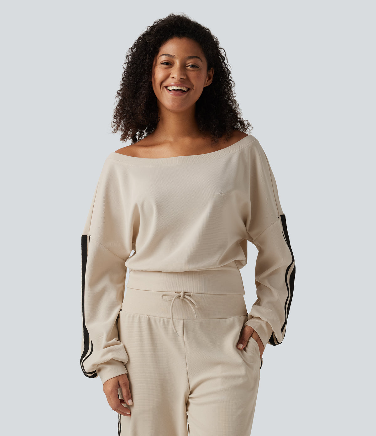 Boat Neck Long Sleeve Side Stripe Waffle Casual Top — Oat Milk — view 5