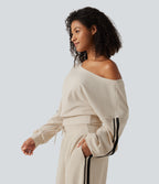 Boat Neck Long Sleeve Side Stripe Waffle Casual Top — Oat Milk — view 4