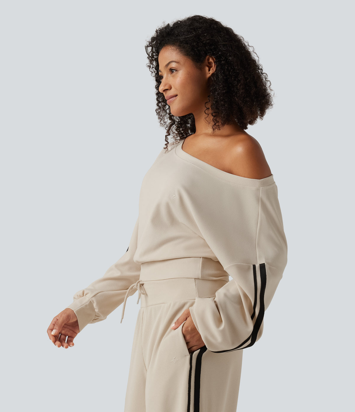 Boat Neck Long Sleeve Side Stripe Waffle Casual Top — Oat Milk — view 4