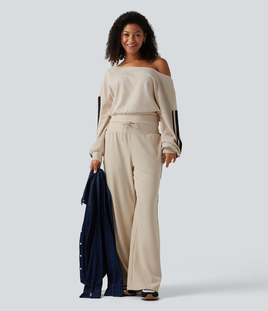 Boat Neck Long Sleeve Side Stripe Waffle Casual Top — Oat Milk — view 7