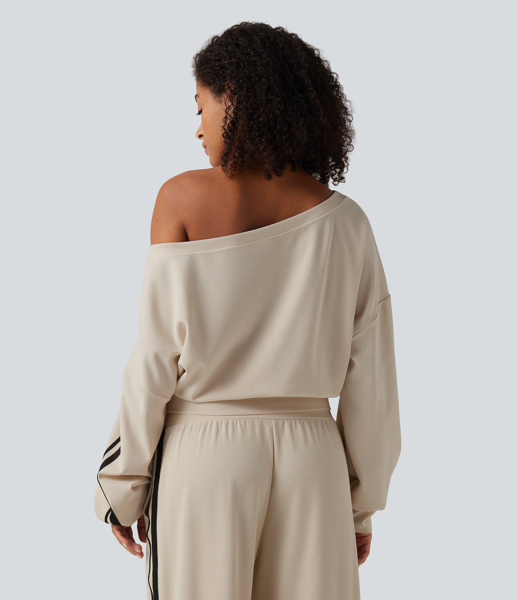 Boat Neck Long Sleeve Side Stripe Waffle Casual Top — Oat Milk — view 2