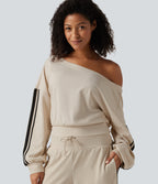 Boat Neck Long Sleeve Side Stripe Waffle Casual Top — Oat Milk — view 1