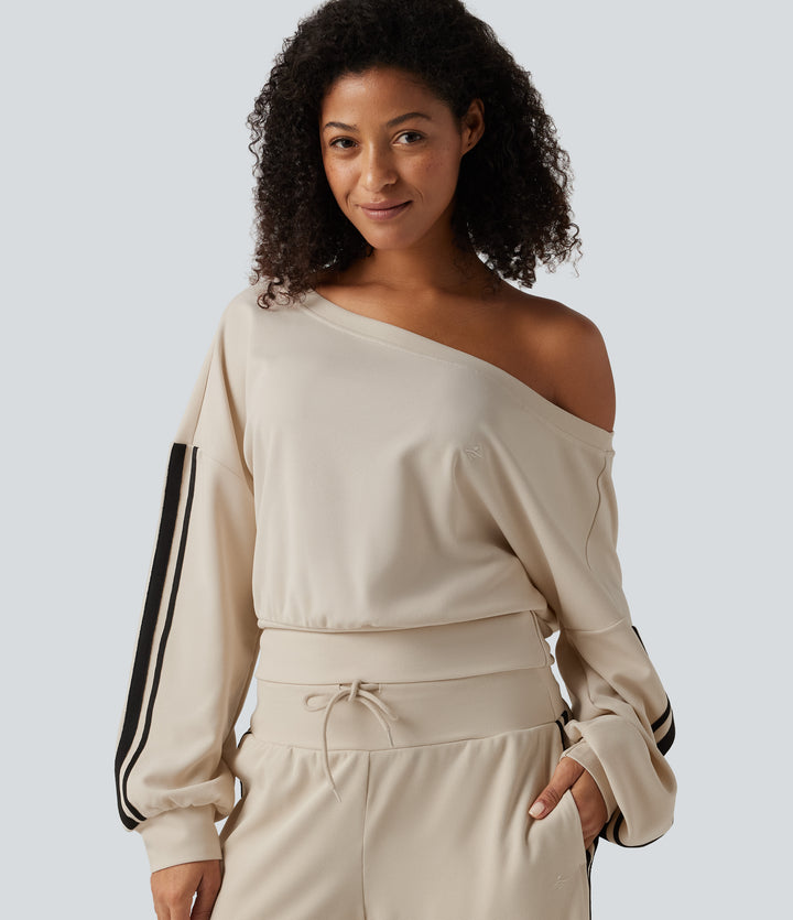 Boat Neck Long Sleeve Side Stripe Waffle Casual Top — Oat Milk — view 1