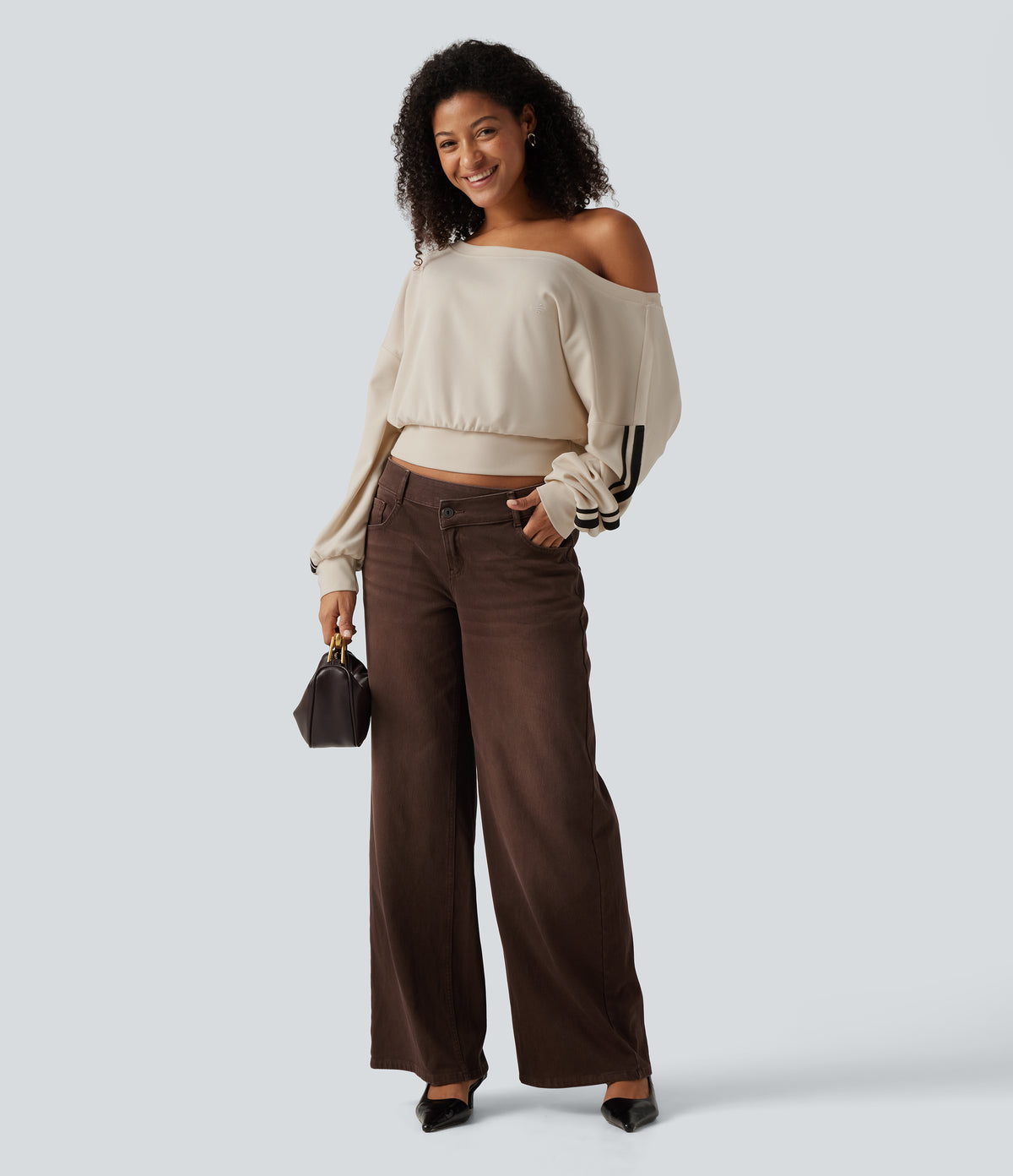 Boat Neck Long Sleeve Side Stripe Waffle Casual Top — Oat Milk — view 8