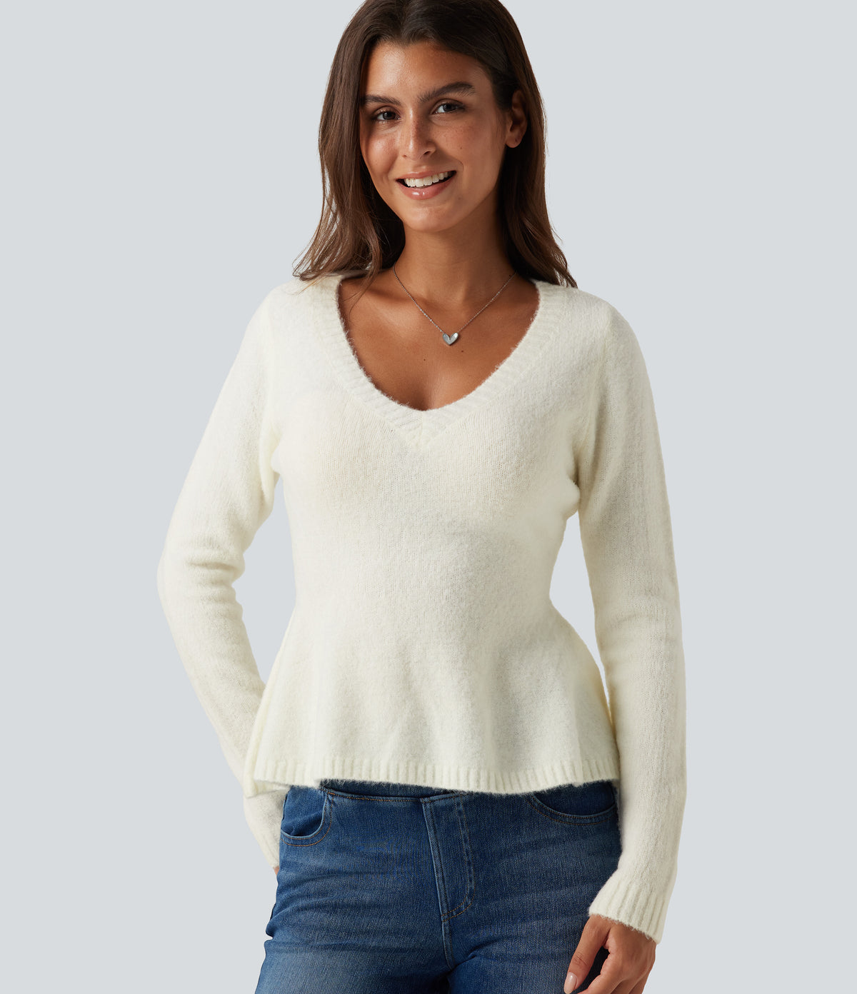 V Neck Long Sleeve Ruffle Hem Slim Casual Jumper — Snow White Oak — view 1