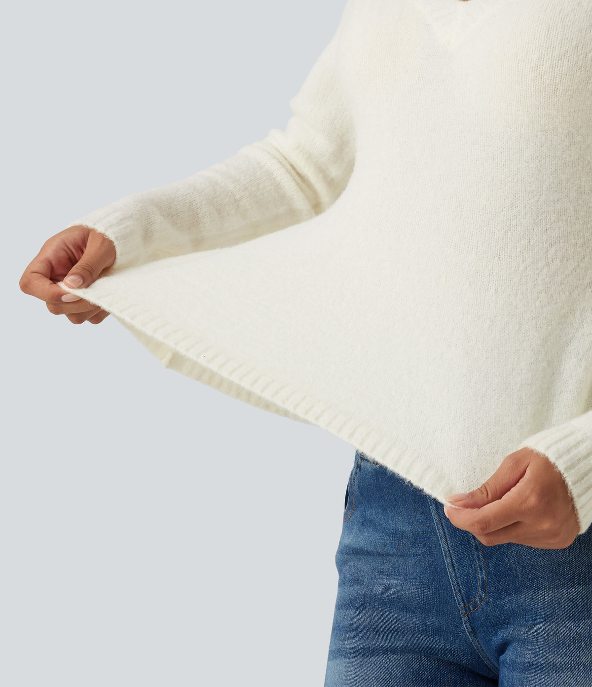 V Neck Long Sleeve Ruffle Hem Slim Casual Jumper — Snow White Oak — view 5
