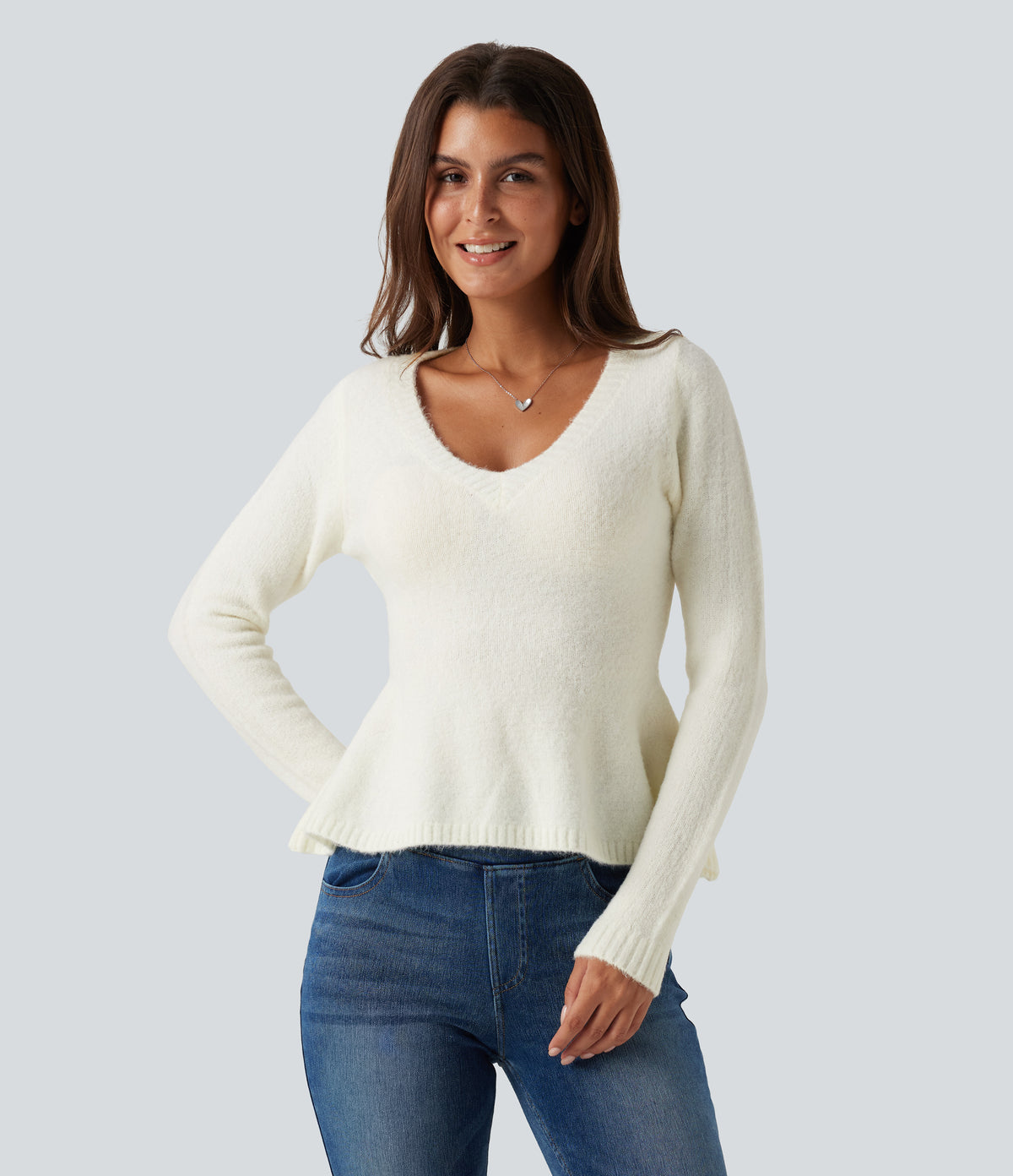 V Neck Long Sleeve Ruffle Hem Slim Casual Jumper — Snow White Oak — view 4