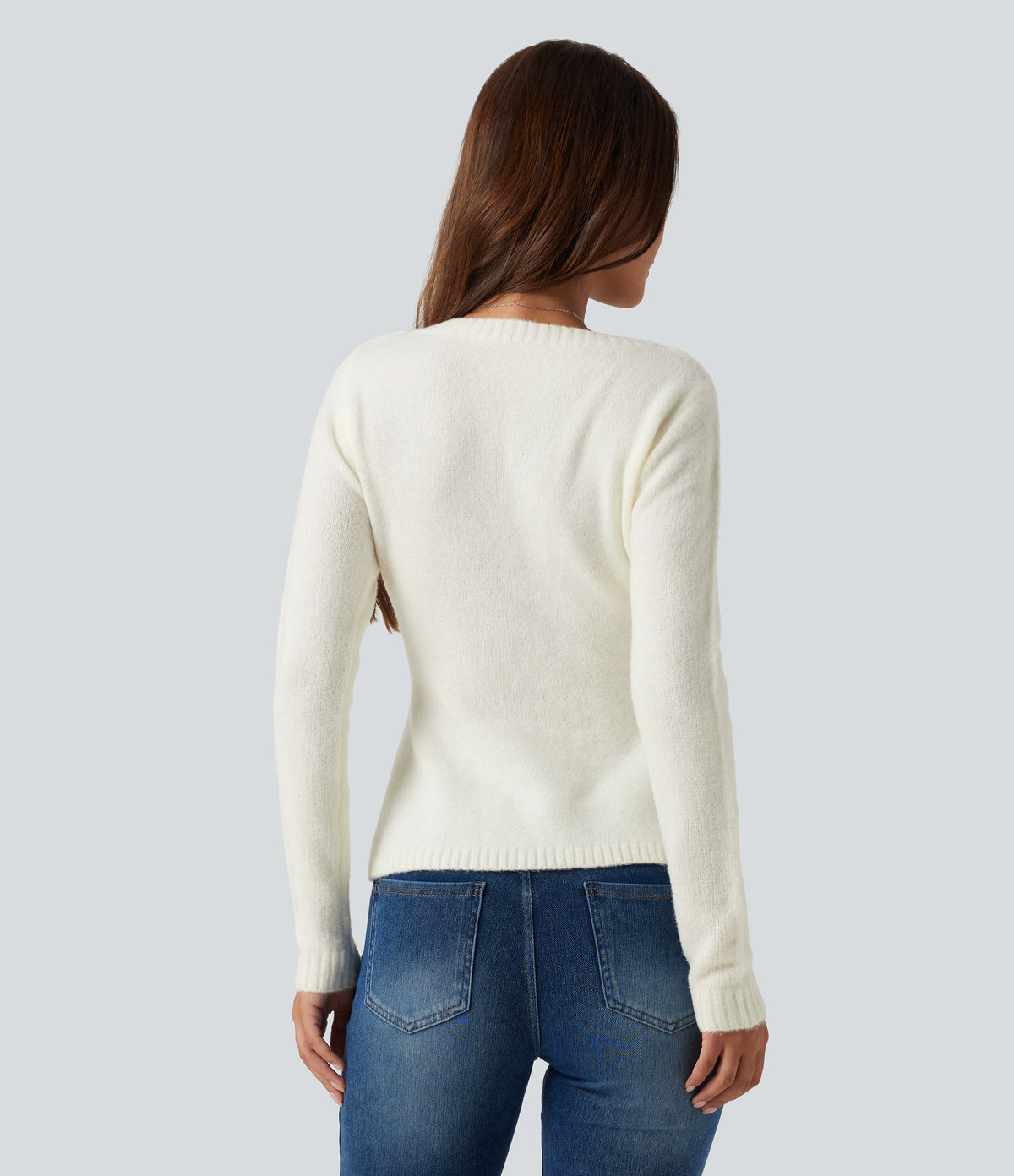 V Neck Long Sleeve Ruffle Hem Slim Casual Jumper — Snow White Oak — view 2