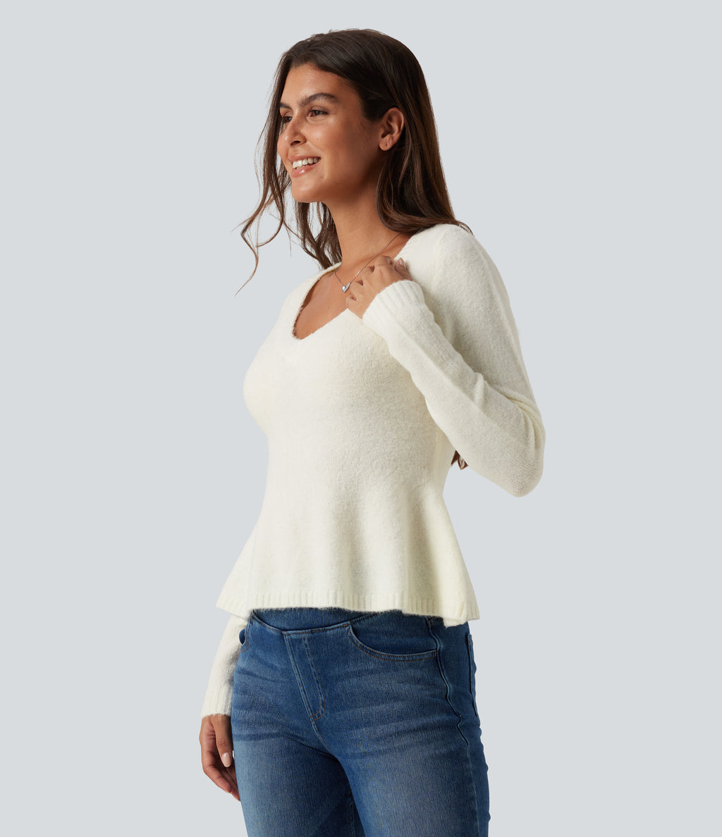 V Neck Long Sleeve Ruffle Hem Slim Casual Jumper — Snow White Oak — view 3